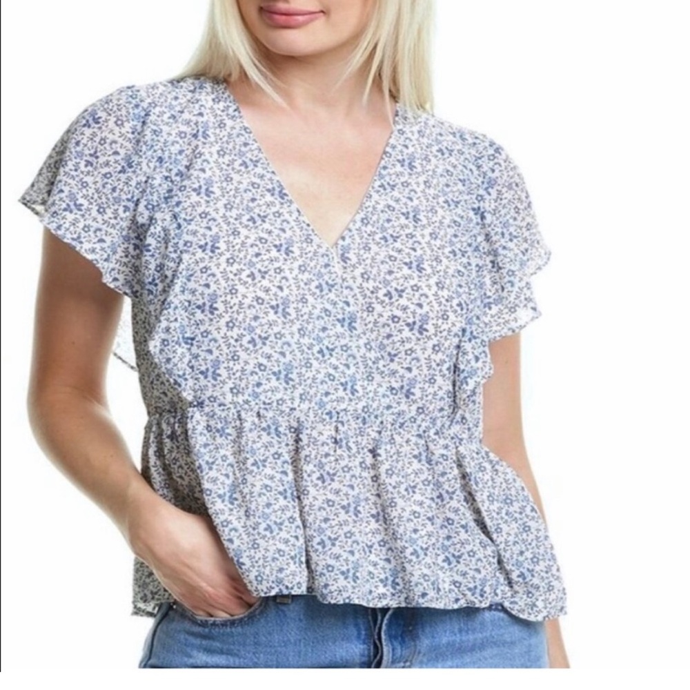 NWT Madewell Georgette peplum blouse, white with blue flower pattern. Medium